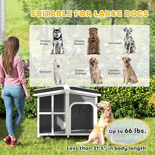 PawHut Outside Cabin-Style Wooden Dog House for Large Dogs with Openable Roof & Giant Window, Outdoor & Indoor Big Dog Shelter, Asphalt Roof, Gray - color: Gray