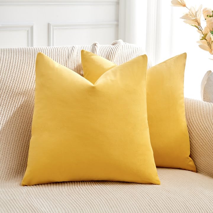 Throw Pillow Covers Yellow Set of 2 18x18 Inch Pillow Covers, Soft Velvet Fall Decorative Cases for Couch Sofa Bed, Home Boho Decor, Modern Farmhouse Cushion Covers - color: Bright Yellow, size: 18" x 18" (Pack of 2)