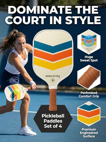 Complete Pickleball Set of 4 with Bag, Pickle Ball Paddle Set of 4, Designed in The USA, Pickleball Racket for Adults Comfort Grip, Indoor Outdoor Pickle Ball Kit, Pickleball Paddles 4 Pack - style: Retro Rally