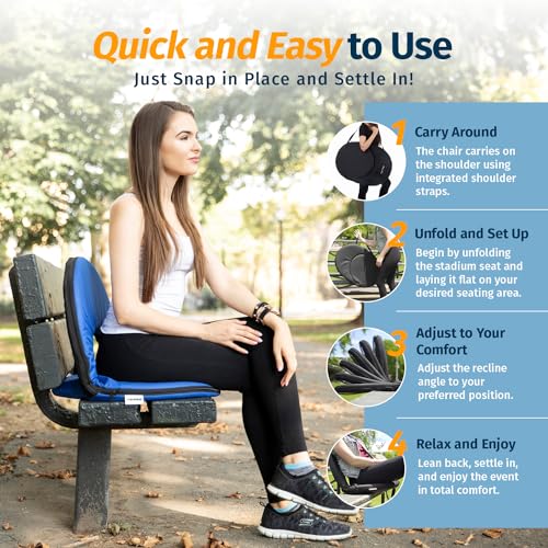 Alpcour Folding Stadium Seat – Deluxe Outdoor Camping Reclining Waterproof Cushion Chair for Bleachers – Best 6-Position Back Support Picnic Bleacher Seats w/Extra Thick Padding for Support & Comfort - color: Royal Blue