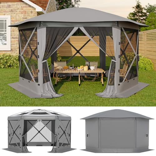 GarveeLife 11.5x11.5FT 6-Sided Pop Up Gazebo Tent，One-Push Setup Canopy Tent with Mesh Panels & Removable Wind Cloths, Outdoor shelter for Camping, Backyard Parties, Outdoor Events - Grey - color: Gray, size: Removable Top - 11.5ft