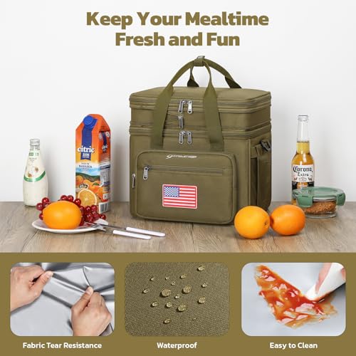 Maelstrom Lunch Box, 23L Insulated Lunch Bag, Expandable Double Deck Cooler Bag, Lightweight Leakproof Tote Bag With Side Tissue Pocket, Suit For Men and Women (H Khaki with DIY Hook-and-Loop) - color: H Khaki with DIY Hook-and-Loop