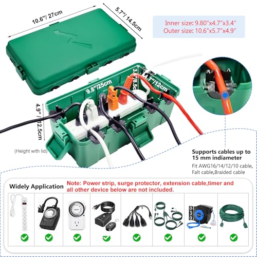 Hrensaw Medium Outdoor Electrical Box(10.6x5.5x4.5inch),IP54 Waterproof Extension Cord Cover w/6 Cable Entry,Weatherproof Connection Box Protect Power Strip,Timer,Plug,Holiday Lights,Green - color: Green, size: Medium