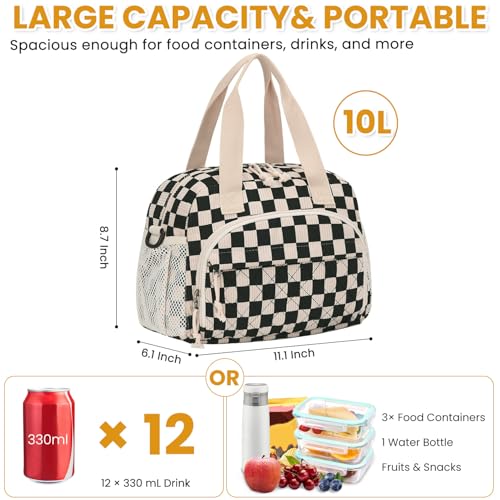 ELONGRIVER Corduroy Insulated Lunch Bag for Women Teen Girls, Portable Adult Lunch Box, Reusable Tote Cooler Bags, Lightweight Womens Lunch Bags with Front Pockets Work Picnic Travel, Black Checkered - color: Black Checkered