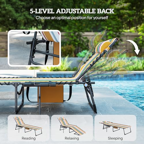 Outsunny Folding Chaise Lounge Chair Outdoor Tanning Chair with Side Table, 5-Level Adjustable Beach Lounge Chair with Headrest, Side Pocket for Patio, Backyard, Beach, Poolside, Mixed Color - color: Multi Color