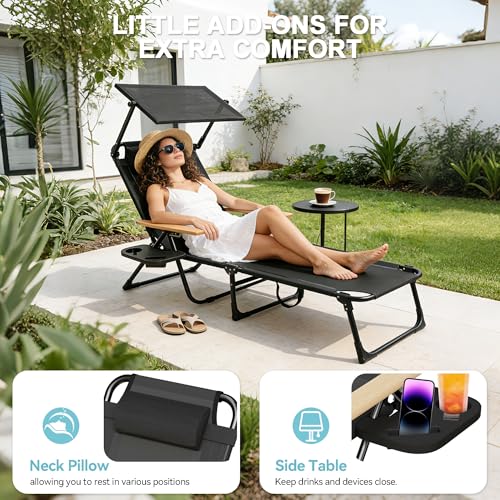 Outdoor Chaise Lounge Chair with 4-Position Adjustable Backrest,Patio Folding Sun Tanning Chair,Pillow & Cup Holder,Portable Recliner Sunbathing Lounger Chairs for Beach Garden (Black with Shade) - color: Black With Shade