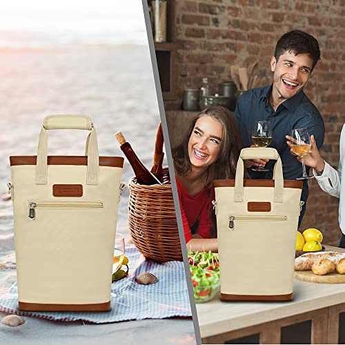 opux Two Bottle Wine Bag Carrier Tote, Insulated Leakproof 2 Bottle Wine Cooler Bag for Travel BYOB Picnic, Portable Wine Case, Gift for Men Women Wine Lover Birthday Party Christmas, Cream Beige - color: Cream Beige
