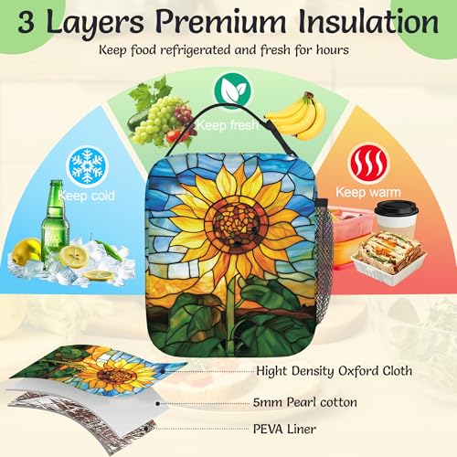 Sunflower Reusable Lunch Bag,Retro Flower Insulated Lunch Box with Side Pockets for Girls Boys Women Portable Thermal Cooler Bag for Teens School,Work,Picnic,Beach - color: Sunflower