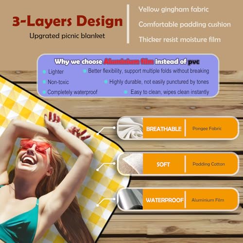 CUNCUI Picnic Outdoor Blankets, Extra Large 79x79in Beach Blanket, Thick 3-Layers Camping Waterproof Mat for Camp Hiking Park, Portable Foldable Rug for Family-Yellow, Sandproof & Machine Washable - color: Yellow