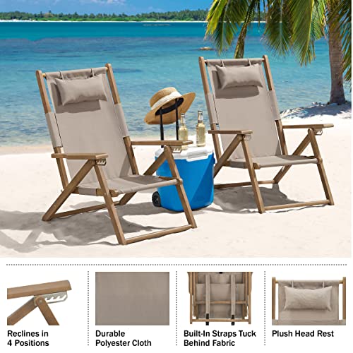 Lavish Home Set of 2 Beach Chair - Outdoor Weather-Resistant Wood Folding Chair with Backpack Straps - 4-Position Reclining Seat - Beach Essentials (Taupe) - color: Taupe, style: Set of 2