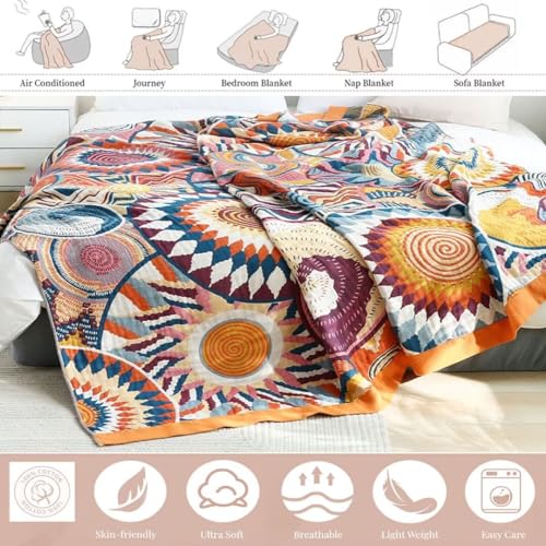 Boho Throw Blanket for Bed 100% Cotton Bohemian Blankets Ultra Soft Woven Muslin Decorative Blankets All Seasons Vintage Quilt Knitted Blanket for Sofa Chair (Colorful, 60"x80") - color: K-colorful World, size: 60"x80"