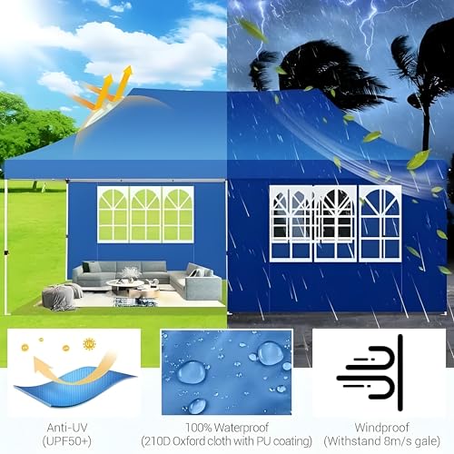COBIZI 10x20 Pop Up Canopy with 6 Sidewalls, Conical Party Tent 10x20 with 3 Adjustable Height Waterproof, UV-Resistant with Carry Bag, Sandbag, Stake, Ropes for Parties, Commercial (Frame Upgraded) - color: Light Blue, size: 10x20FT