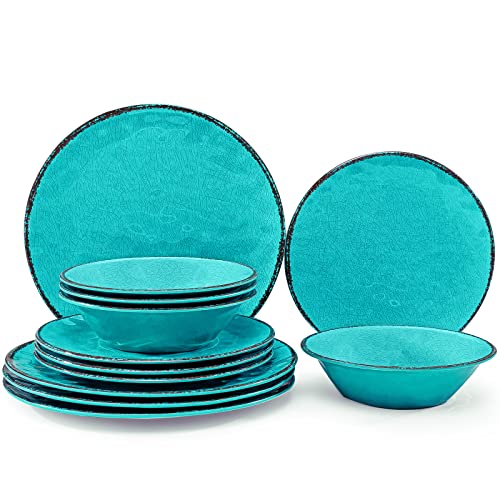 LEHAHA Rustic Melamine Dinnerware Sets, 12-piece Dishes Plastic Dinnerware Set for 4, Break-resistant Plates and Bowls Set, Outdoor Casual & Party Use Kitchen Dishes Set, Teal… - color: Teal