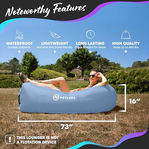 Nevlers Periwinkle Blue Inflatable Lounger | 210T Polyester Blow Up Couch | Inflatable Beach Chair w/ 450 lbs. Capacity, Pockets, & Carry Bag | No-Pump Air Couch for Use as Music Festival Accessories - color: Periwinkle, size: 1 Pack
