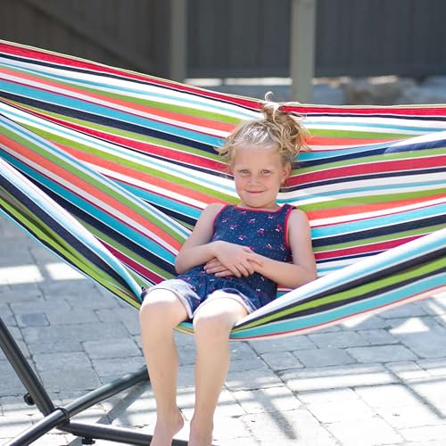 Vivere Double Sunbrella Hammock with Space-Saving Steel Stand, Heavy-Duty Portable Outdoor Hammock Set for Backyard, Patio, or Travel, Confetti - color: Confetti