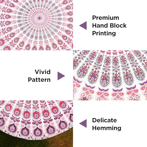 raajsee Mandala Round Beach Tapestry Hippie Mandala/Boho Decor Beach Blanket/Indian Cotton Throw Bohemian Round Table Cloth Mandala/Yoga Mat Meditation Picnic Rugs (WHITE PINK) - color: WHITE PINK