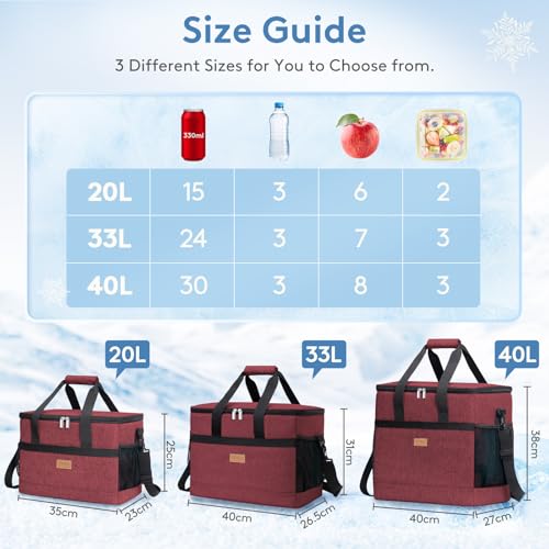 Lifewit Cooler Bag 30/50/60 Cans Collapsible and Insulated Large Lunch Bag Leakproof Soft Cooler Portable Tote for Camping/BBQ/Family Outdoor Activities - color: Burgendy, size: 30-Can(20L)