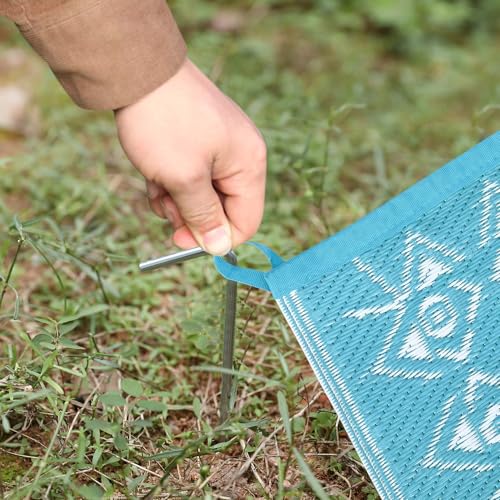 COZYLOOM Outdoor Rug 9' x 18' Waterproof for Patios Clearance, Reversible, Plastic Straw Camping Rug Carpet with 4 Stakes, Large Area Rugs for RV, Picnic, Backyard, Deck, Balcony, Porch, Blue & White - color: Vintage Blue/White, size: 9'x18'