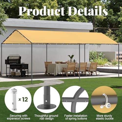 Carport, 10‘ x 20’ Heavy Duty Portable Garage All-Season Car Canopy, Outdoor Garage Boat Shelter Carport Canopy Party Tent w/Water-Resistant Tarp for Backyard (Yellow, 10' x 20' /no Side) - color: Yellow, size: 10' x 20' /no side