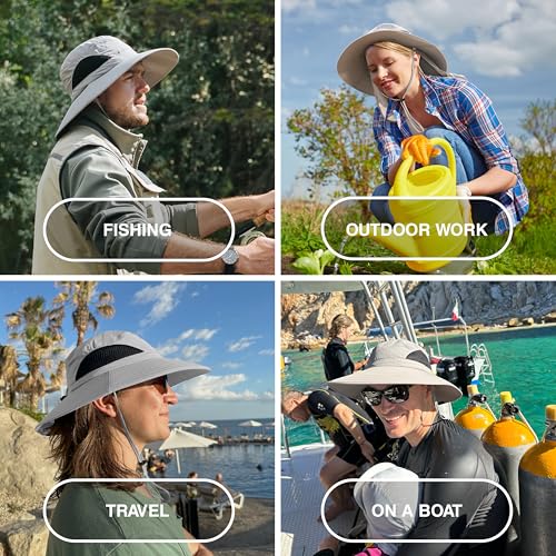 GearTOP Wide Brim Sun Hat for Men & Women, UPF 50+ Fishing Hat with Detachable Neck Flap & Face Cover Gardening Boonie Sunhat - color: Light Gray No Flaps
