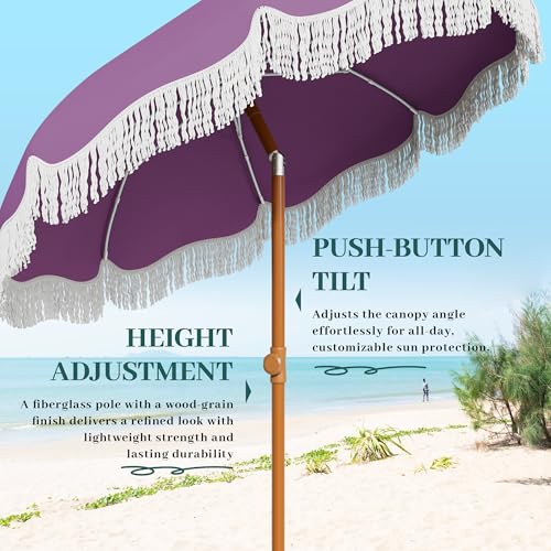 AreShark 7ft Patio Umbrella with Fringe, UPF50+ Beach Umbrella for Table, Pool & Garden, Portable Outdoor Tassels Umbrella w/Fiberglass Ribs&Push Bottom Tilt(Lavender) - color: Lavender, size: 7FT