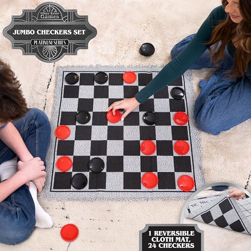 3-in-1 Vintage Giant Checkers Set, Tic Tac Toe with Reversible Mat, 24 Jumbo Chips, Family Board Game, Lawn Game, BBQ Party Favor, Indoor and Outdoor Activity for Kids and Adults