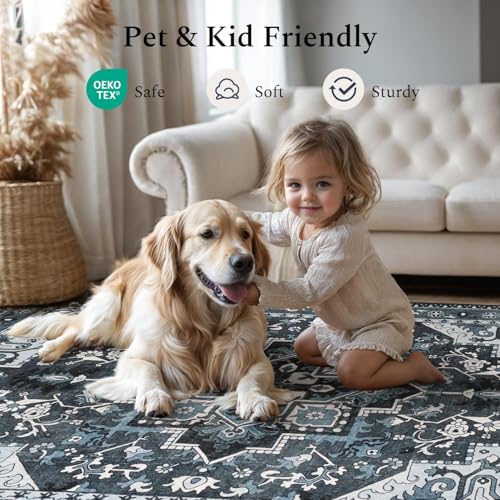 Rugflix 9x12 Area Rugs Machine Washable, Dark Navy Blue Carpet for Living Room, Oriental Indoor Area Rug Low Pile, Large Soft Thick Carpets Non Slip, Farmhouse Vintage Rug for Bedroom Dining Room - color: Blue, size: 9' x 12' (Rectangular)