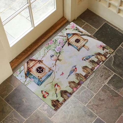 Birdhouse Garden Indoor Door Mat for Entryway, 17x29.5 Inch, Colorful Birds and Blossoms Floor Doormat for Home Decor, Non-Slip Rug Mat for Living Room, Kitchen, Bedroom, Gifts for Bird Lovers - color: Color84