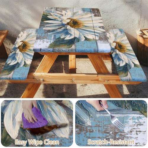 Picnic Table Cover with Bench Covers Elastic Edges, Outdoor Patio Camping Essentials 72 Inch 3PCS, Waterproof Camping Fitted Tablecloth with Handbags (Wood flower) - color: Wooden board watercolor chrysanthemums