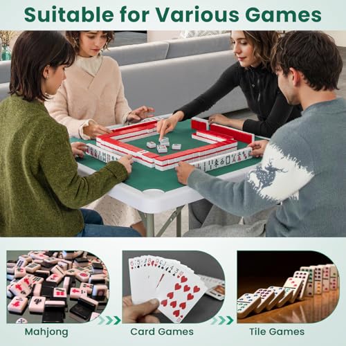 Goplus Mahjong Table, 35" Square Folding Card Table w/4Cup Holders, Anti Slip Mat, HDPE Tabletop, Metal Legs, Portable Mahjong Game Table for Domino Game, Picnic (Table w/Removable Mat, Pure Green) - style: Pure Green, Table w/Removable Mat