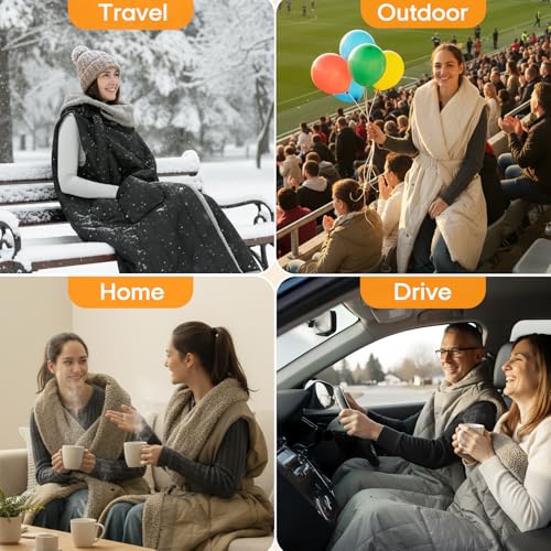 ZonLi Electric Wearable Heated Blanket, 2-in-1 Design Portable Cordless Heated Blankets Battery Operated Heated Shawl Blanket, Rechargeable Power Bank for Home, Office, Travel, Gift for Christmas - color: Khaki