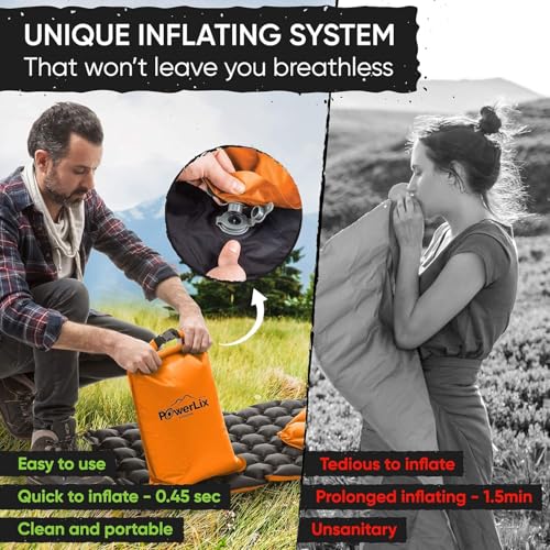 POWERLIX Ultralight Inflatable Camping Sleeping Pad - Camping Mattress for Backpacking, Hiking, Compact Lightweight Sleeping Mat for Camping, Inflation Bag/Repair Kit Included - color: Orange & Black