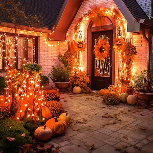 JMEXSUSS 600 LED Thanksgiving Lights Outdoor, Orange Christmas Lights Plug in, Orange String Lights Clear Wire for for Indoor Room Yard Tree Fall Thanksgiving Decorations - color: Orange, size: 600 LED