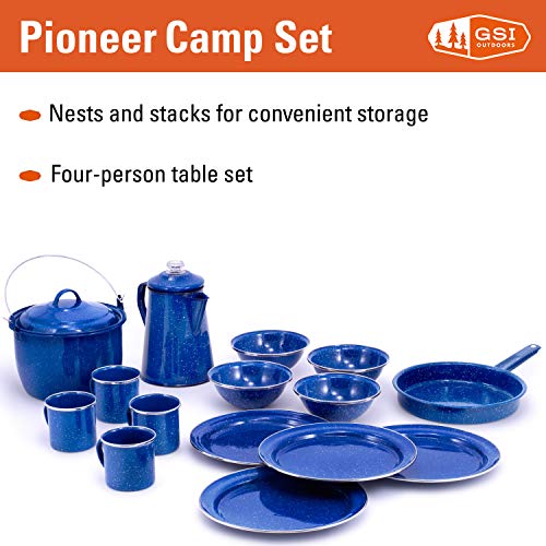 GSI Outdoors Camp Dinnerware Set I 4-Person Set Includes Pioneer Enamel Percolator, Frypan, Kettle, Bowls, Plates & Coffee Mugs - color: Blue