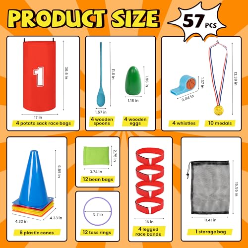 ropoda Field Day Games, Outdoor Carnival Games Potato Sack Race Bags for Adults and Kids, Bean Bags, Soft Plastic Cones,Ring Toss Set,Egg and Spoon Race, Outdoor Games Easter - color: 57PCS