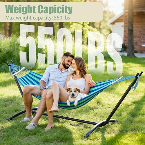 Double Hammock with Freestanding Steel Stand, Portable & Easy Setup, 550lb Capacity Heavy Duty for Patio, Garden,Backyard, Camping, Indoor & Outdoor - Includes Carry Bag (Blue Stripe) - color: Ocean Breeze