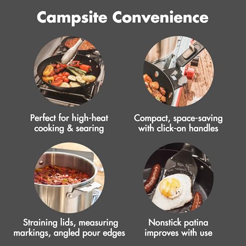 OXO Outdoor 8 Piece Camping Cookware Set, 10" Pre-Seasoned Carbon Steel Frying Pan Skillet, 2.25QT and 5QT Stainless Steel Saucepans with Lids, Removeable Handle, Trivet, Travel Bag, Space-Saving - size: 8 Piece Cookware Set
