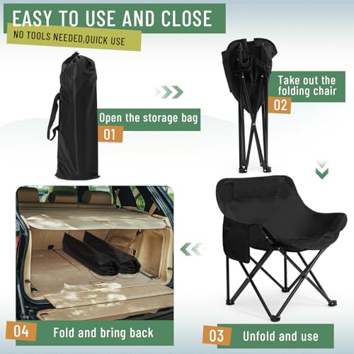 2 Pack Compact Camping Chairs Portable Folding for Outside with Carry Bag Lightweight Moon Chairs for Travel Picnic Hiking Beach Fishing, 600D Oxford, Supports 330lbs(Black) - color: Black