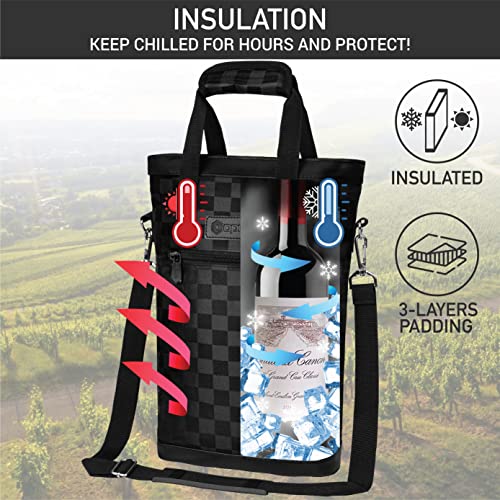 opux Two Bottle Wine Bag Carrier Tote, Insulated Leakproof 2 Bottle Wine Cooler Bag for Travel BYOB Picnic, Portable Wine Case, Gift for Men Women Wine Lover Birthday Party Christmas, Checker Black - color: Black Square