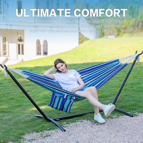 PNAEUT Double Hammocks with Stand for Outside, Portable Space Saving Heavy-Duty Steel Stand for Indoor Outdoor Patio with Carrying Bag, 450 lbs Capacity (Blue Lagoon) - color: Blue Lagoon