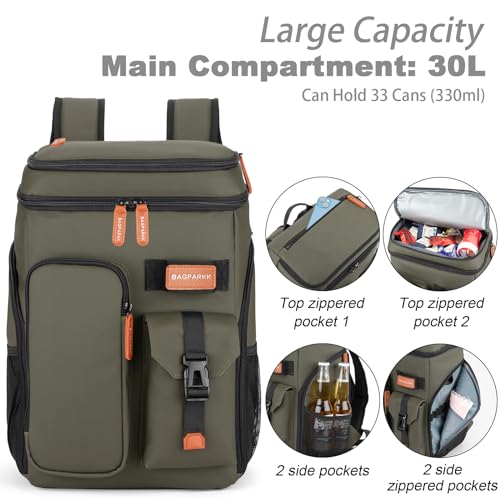 BAGPARKK Insulated Cooler Backpack,33/45 Cans Multifunctional Double Deck Leakproof Cooler Bag with Sternum Strap,Large Capacity Lightweight Travel Camping Beach Backpack - color: Green, size: 33Can