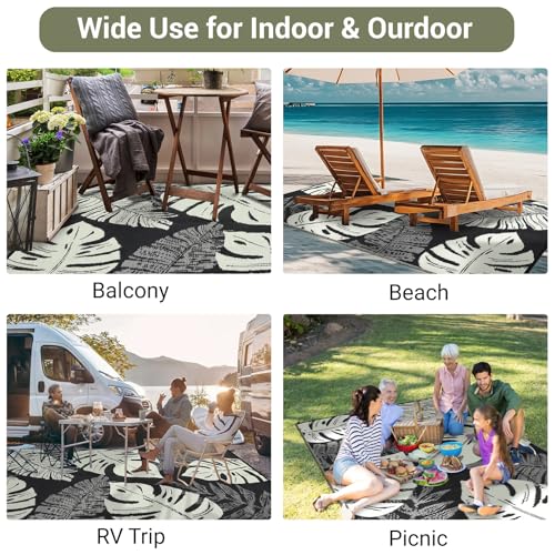GarveeLife Outdoor Plastic Straw Rug 8x10 Outdoor Patio Rug Waterproof Reversible UV Resistant Camping Mat, Foldable Lightweight RV Picnic Mat with Portable Bag, Modern Carpet for Yard Porch Deck - color: Leaf|black&beige, size: 8' x 10' (Rectangular)