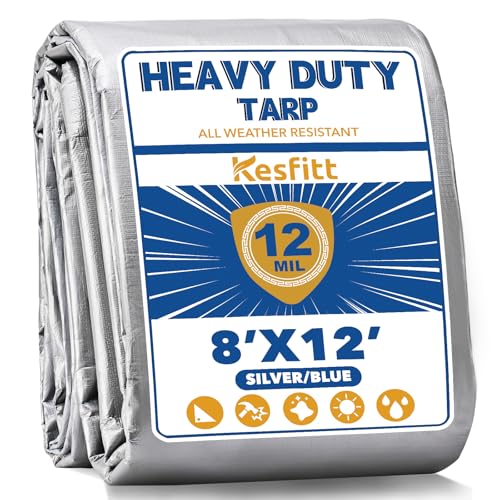 Kesfitt 12 Mil Heavy Duty Waterproof Tarp with Metal Grommets, 8x12 ft, Silver & Blue Reversible Poly Tarp for Outdoor Protection, Yard, Worksite, Pools, Vehicles, Equipment Coverage - size: 8x12 ft