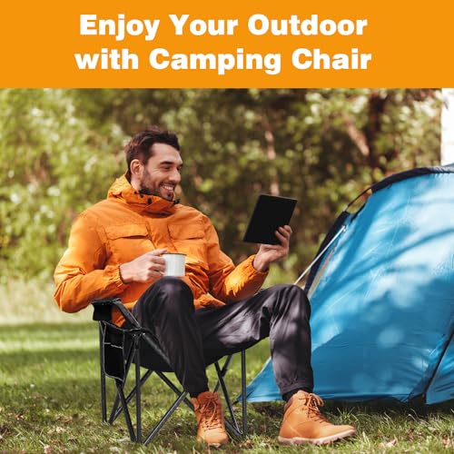 Camping Chair Portable Folding Outdoor Chair Heavy Duty Padded Chairs Lawn Chair with Cup Holder, Storage Pocket and Cooler Bag, Supports 500 LBS, Black - color: Black