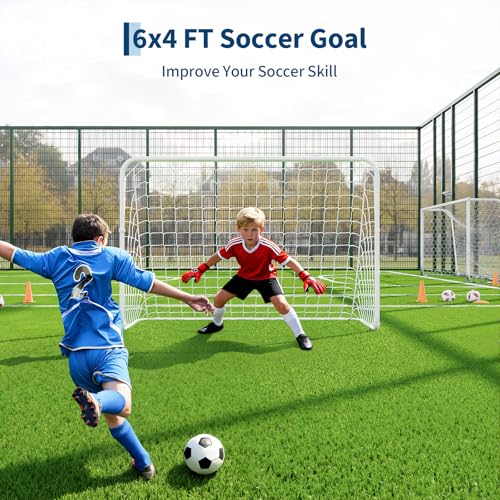 GarveeLife 6x4 FT Soccer Goals for Backyard, Steel Frame Soccer Net with Ground Stakes, Portable Football Goal, Easy Setup for Training and Competitive Play