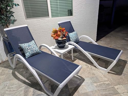 PURPLE LEAF Patio Chaise Lounge Chair Set of 3 Outside Aluminum Plastic Stackable Tanning Chairs with Armrests and Side Table for Pool Sunbathing Beach Deck Outdoor Lounger, Navy Blue - color: Navy Blue, style: 2 chairs(w/Arms) + 1 table