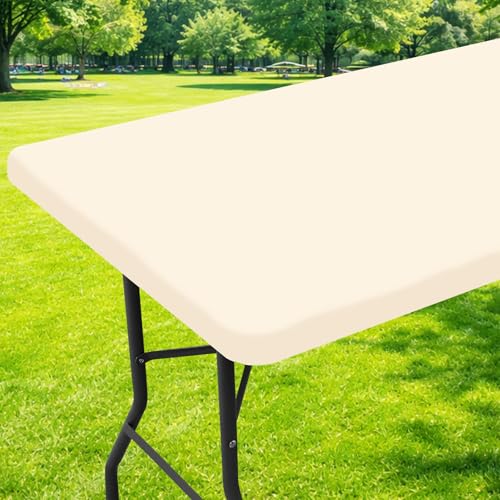 Moosfor Spandex 6 Foot Rectangle Table Cloth, Elastic Fitted Tablecloths for Picnic, Stretch Washable Patio Table Cover for Outdoor, Camping, Banquet and Parties (Beige, 36"x72") - color: Beige, size: 72" x 36" (Rectangular)