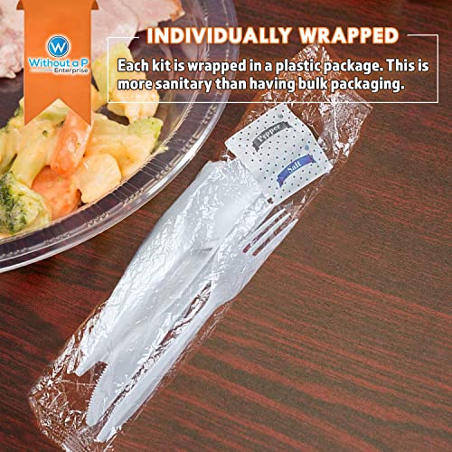 Bulk Heavy Weight Cutlery Individually Wrapped White Plastic Cutlery Knife, Spoon, Fork Pack with Napkin and Salt and Pepper Packets - Extra Strong & Resistant - size: 200pk