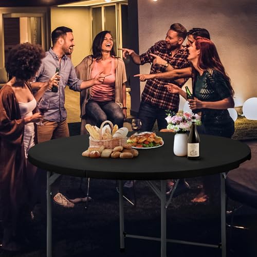 Magshion 65" Round Folding Table, 5 Feet Bi-Folding Plastic Commercial Dining Card Table w/Carrying Handle for Outdoor Wedding Party Event Picnic, Black - color: Black, size: 5.5Ft