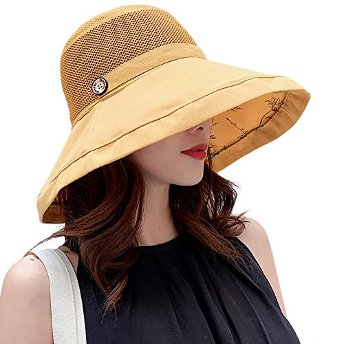 Women Mesh Sun Hats Summer Beach UV Protection UPF Packable Wide Brim Chin Strap - color: Yellow